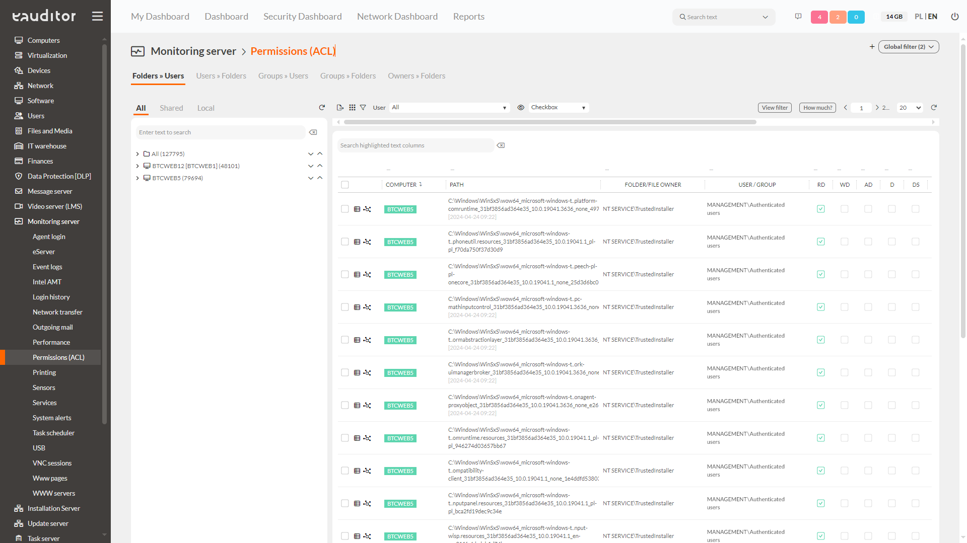 Monitoring server – Permissions (ACL) Folders -Users – All